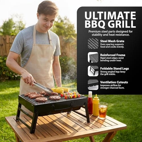 ZENO Portable BBQ Grill | Folding Charcoal Barbecue For Camping, Garden, Picnic | Tabletop Steel Mini Grill With Stable Fold Out Legs Wide Cooking Area And Travel Ready Design — view 4