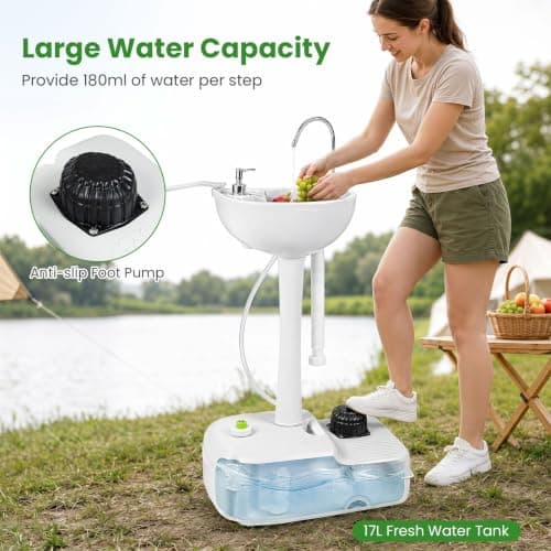 COSTWAY Portable Camping Sink, 17L Water Capacity Hand Wash Basin Stand with Towel Holder, Soap Dispenser and Rolling Wheels for Outdoor Events, Travel and Worksite (Without 24L Sewage Tank) — view 2