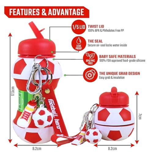 RIXOZ Red & White Football Collapsible Water Bottle - 550ml Silicone Bottle With Football, Footi Boot Keyring & Carry Strap — view 2