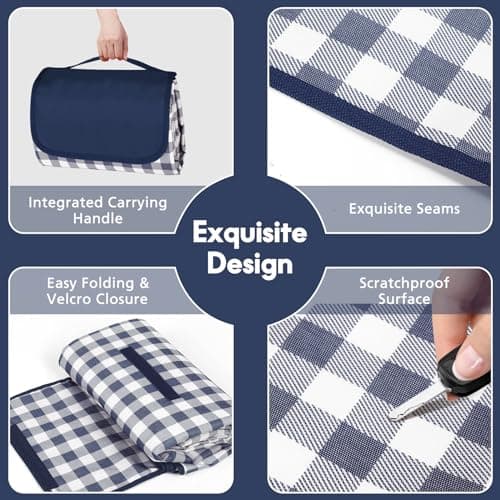 Anyiner Picnic Blanket Waterproof 300x200cm Large Travel Blanket Beach Blanket, Slip Resistant With Carrying Handle for Family Picnic Beach Camping, Blue Plaid (Blue, 300 x 200 cm) — view 4