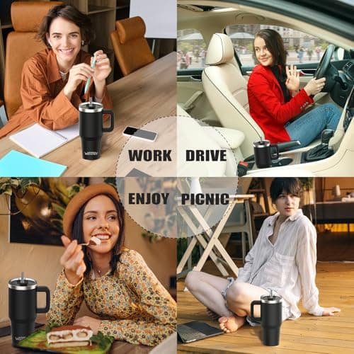 WATERSY Travel Mug Coffee Cup 20oz Tumbler Straw Lid and Handle, Stainless Steel Double Wall Vacuum Insulated Coffee Water Bottle Thermal for Cold Hot Coffee 591ml Black — view 6