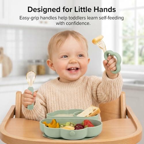 Bebamour Foldable Toddler Feeding Set with Silicone Plate, Fork & Spoon, BPA-Free Self Feeding Set for Toddlers 2-4 Years, Portable Travel Friendly Weaning Tableware, Dishwasher Safe (Sage Green) — view 3