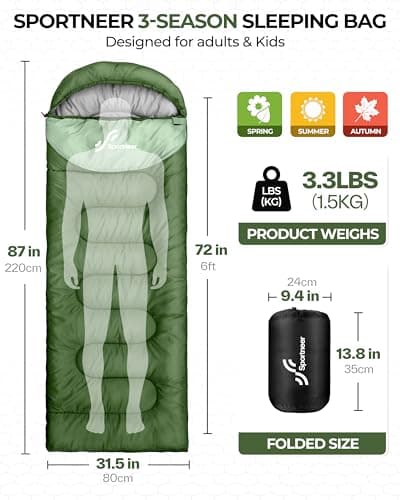 Sportneer Sleeping Bags for Adults - Kids Sleeping Bag 3-4 Season Lightweight Backpacking Sleeping Bag Cold Weather & Warm, Compact, Single Adult Girls Boys Camping Sleep Bag — view 2