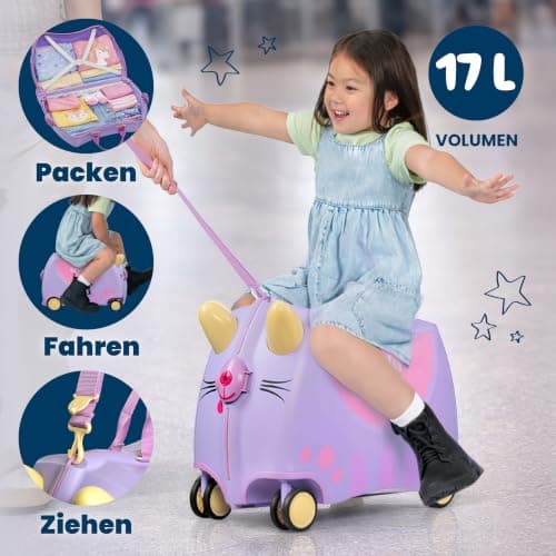 Trunki Ride-On Kids Suitcase with 360° Front Wheels - 17.6 L Hand Luggage Bag, Cabin Luggage with Wheels, Carry-on Approved Lightweight Kids Luggage with Tow Strap - Cassie the Cat, Purple — view 4