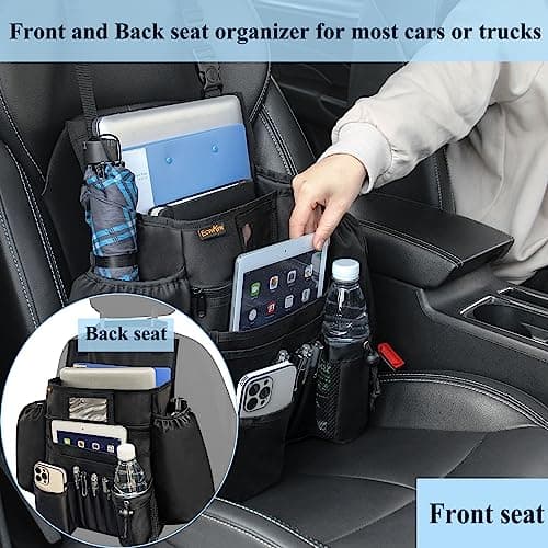 ECWKVN Car Front Seat Organiser -Car File Patrol Bag,Heavy Duty Passenger Tidy Backseat Organiser-Vehicle Storage Bag with 10 Multi Pockets for Laptops Tablet Cup Holder,Black — view 5