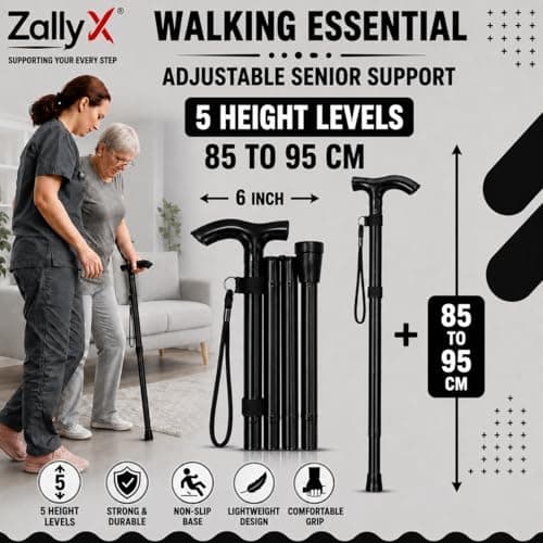 ZallyX Foldable Walking Sticks for Men & Women, 85–95cm Adjustable Ladies Walking Stick, Mobility aids, Collapsible walking stick For Elderly Adults (Black) — view 5