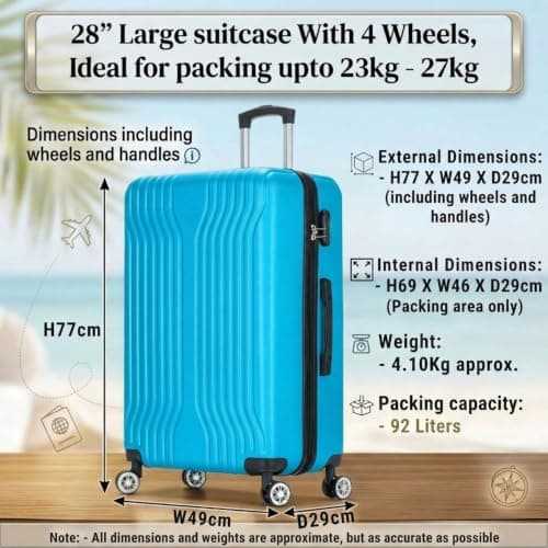 DK Luggage 28 Inch Large Hard Shell Suitcase 4 Wheel Spinner Checked Luggage, 23kg – 27kg Capacity ABS25 (Blue, 28" Large) — view 2
