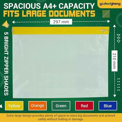 Pack of 10 A4 Plus Waterproof Zip Bags – Clear Plastic Wallets with Writable Label Panel & Colour Zip – Reusable Ziplock Pouches for School, Office, Travel, Artwork, Documents & Stationery Storage — view 3