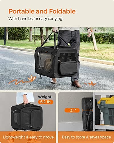 Feandrea Foldable Pet Carrier Bag, Portable Dog Travel Crate, Soft Sided Dog Cat Pet Travel Carrier Large Dog Crate for Car with Breathable Mesh and Storage Pockets, 60 x 42 x 42 cm, Black PDC60H — view 3