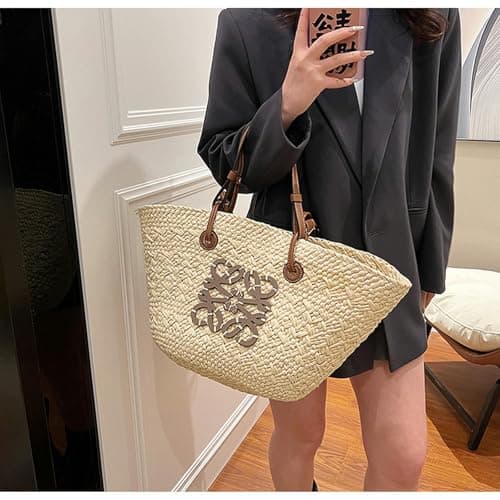OPLKIOP Straw Shoulder Bag - Women's Woven Straw Handbag - Large Summer Beach Leather Tote With Zipper-White — view 3