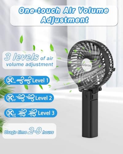 iEGrow Handheld Fan, Portable USB Mini Travel Fan with 2000mAh Rechargeable Battery, 3 Speeds Desk Fan for Home, Office and Travel-Black — view 3