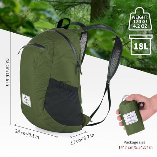 Naturehike 18L Packable Backpack - 110g Ultra Lightweight Foldable Daypack, PU2000mm Waterproof 30D Nylon Compact Hiking Rucksack for Travel Camping Outdoor(Green) — view 3