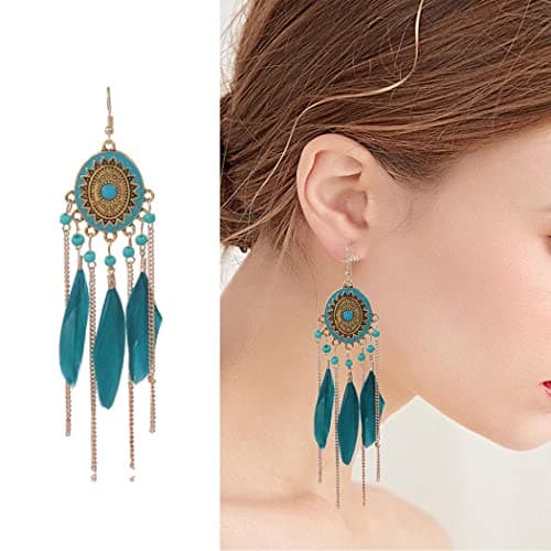 Bohend Boho Feather Tassel Earrings Gold Long Turquoise Earring Bohemia Travel Beach Bead Chain Ear Accessories for Women and Girls (Blue) — view 2