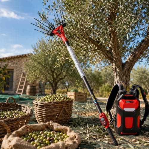 pedenencelia Electric Olive Harvester, Telescopic Olive Picking Rake with 250W/600W Brushless Motor, 6 Vibration Levels, LED Display, Backpack Battery Pack and 10m Cable for Olives Coffee Beans 600w