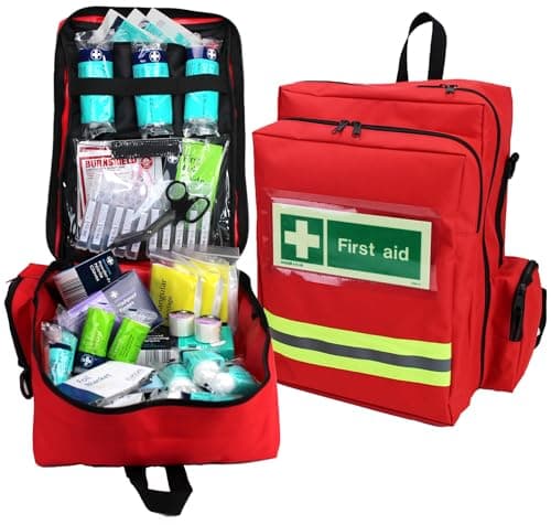 EVAQ8 First Response First Aid Kit — 139 Piece Red Rucksack, British Standard BS8599-1 Medium, HSE Compliant, Workplace & Professional Use, UK Assembled