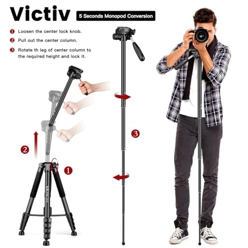 Victiv 72-inch Camera Tripod Aluminum Monopod T72 Max. Height 182cm- Lightweight and Compact for Travel with 3-way Swivel Head and 2 Quick Release Plates for DSLR Video Shooting - Black — view 5