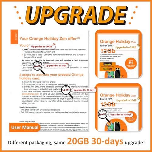 Orange Holiday Europe Prepaid SIM Card Combo Deal 12GB Internet Data in 5G/4G/LTE (Data tethering Allowed)+30min & 200 Texts from Europe to Any Country Worldwide+1 Sim Card Holder+1 Pin — view 3