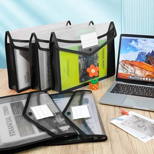 A4 Plastic Wallets, 5 Pcs Popper Wallet Plastic Document Folder Premium Pockets Files Envelope for School Office Home, with Snap Closure and Card Slot, Black — view 2