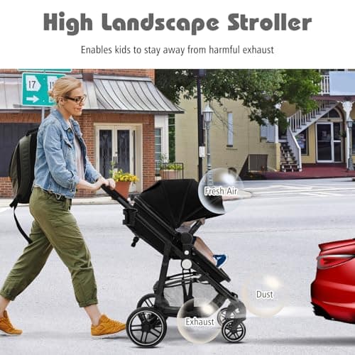 COSTWAY 2 in 1 Baby Pushchair, Foldable Travel System Pram with Reversible Seat, Adjustable Canopy, Storage Basket, Cup Holder, Lightweight Infant Stroller for 0-36 Months (Black) — view 4