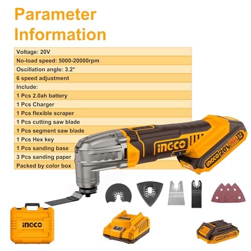 INGCO Cordless Multi Tool with 1pcs 2.0Ah Battery and Charger, 5000-20000 RPM, 6 Variable Speed,3.2° Oscillation Angle, 20V Oscillating Multi-Tool for Sawing, Cutting, Sanding CMLI20228 — view 6