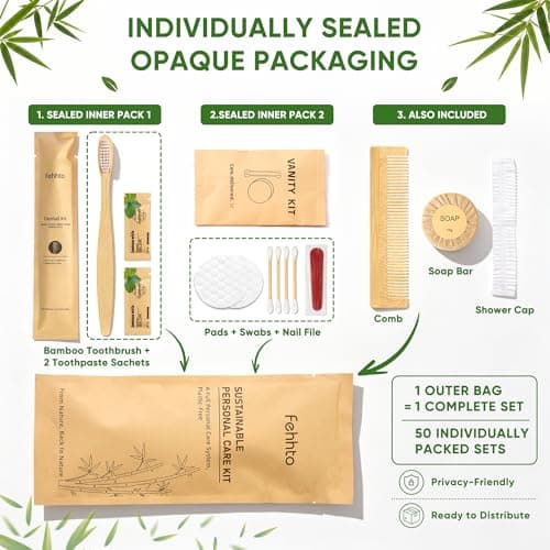 FEHHTO Compostable Personal Hygiene Kit Bulk 25 Sets, Disposable Travel Toiletry Kit, Eco Friendly Hotel Bathroom Amenities for Guest Care, with Bamboo Toothbrush, Toothpaste, Comb, Soap & Shower Cap — view 2