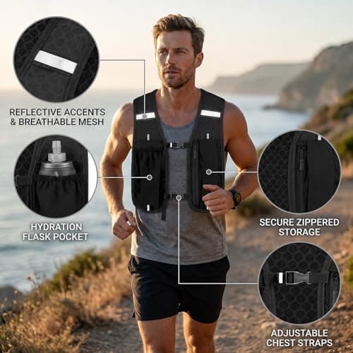Running Vest with Water Bottles, Hydration Pack for Trail Running and Hiking, Adjustable Storage Compartments with Reflective Details for Outdoor Activities, Black Colour One Piece — view 3