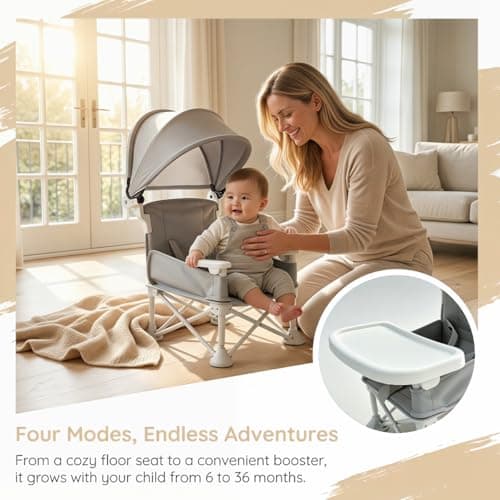 Foldable Baby Travel Seat Booster Feeding Chair for Children Toddlers Infants with Removable Tray & Detachable Sunshade – Toddler Dining Chair for Indoor/Outdoor, Travel, Feeding or Camping (Grey) — view 2