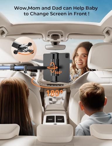 TRYONE Headrest Tablet Holder for Car Accessories : [18.11-inch Long Arm] 3-in-1 Backseat Tablet Holder for Kids Road Trip Compatible with iPad Switch Smartphones & Tablets or Other 4.7-13" Devices — view 4