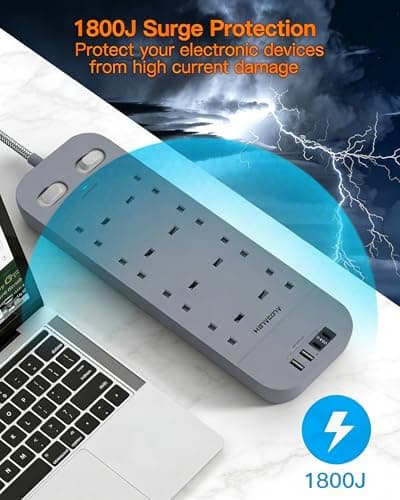 1.8M Extension Lead Grey, 8 Way Power Strip with 2 USB C 2 USB A — view 5