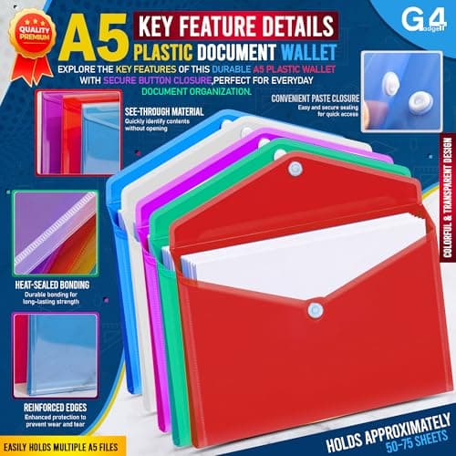 G4GADGET A5 Plastic Document Wallets with Popper - Pack of 5 | Assorted Colors | Waterproof, Durable & Transparent A5 File Folders for School, Office, Home & Travel — view 3