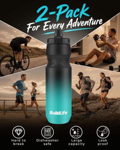 BuildLife 2 Pack Sports Water Bottle, 1L Squeeze Water Bottle, 32oz Biking Water Bottles, BPA Free & Leakproof Cycling Bottles for Hiking, Outdoor Sports Dishwasher Safe (1L-BlackBlue+BlackWhite) — view 4