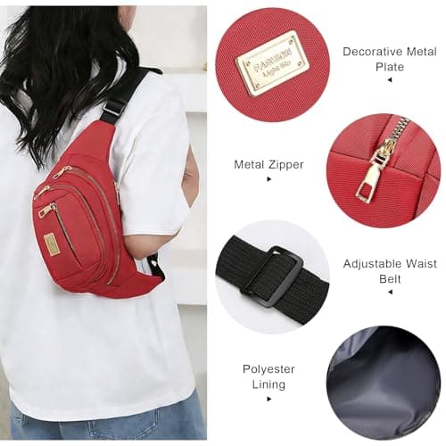ADUDVLO Bumbags for Ladies Women Men Lightweight Adjustable Bum Bag Fanny Pack with 4 Zipper Pockets,Fashionable Waist Pack for Travel, Running, Hiking, Cycling (Red) — view 2