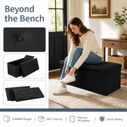 CROWNSHOP Ottoman Storage Bench Footrest Stool Seat Toy Chest Storage Box Folding with Lid Long Shoes Bench Footstool Suitable for Living Room (Black, Faux leather) — view 5