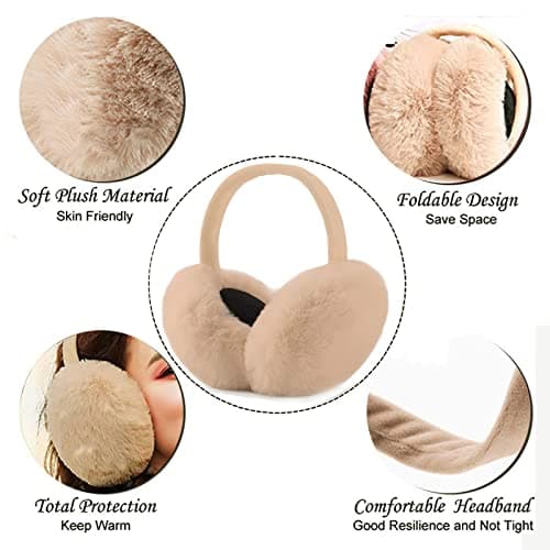 IHCEMIH Ear Muffs, Women Earmuffs Winter Accessories Fluffy Plush Foldable Adults Outdoor Thermal Ear Warmer Skiing Running Ears Covers Protector from Wind Cold Fashion Gift for Girls Ladies Beige — view 2