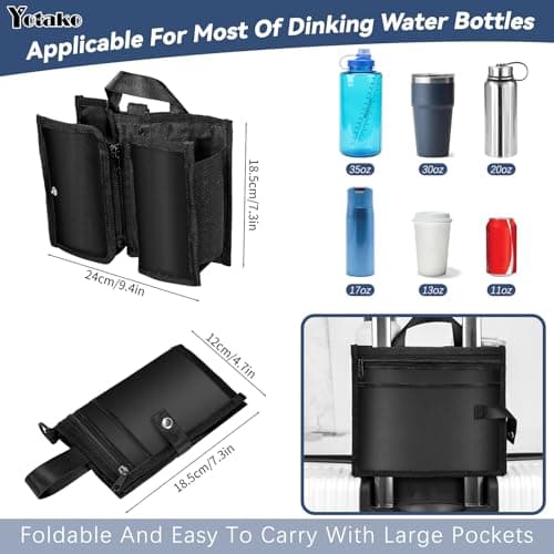 Yotako Suitcase Cup Holder, Portable Travel Cup Holder with Handle, Foldable, Black, Faux Leather, Holds Two Coffee Mugs & 3 Zippered Pockets for Beverages & Valuables, Airport Travel Accessory — view 5