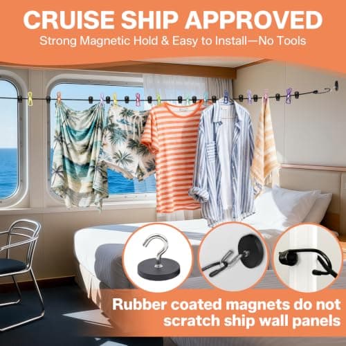Magnetic Clothesline for Cruise Ship Retractable Portable Clothesline for Travel Travel Clothes line for Cruise Ship Essentials 2026 with 12 Clothes Clips and 2 Strong Rubber Coated Non-Scratch Magnet — view 5