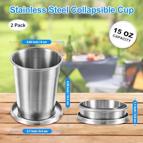 M METERXITY 2 Pack Stainless Steel Collapsible Travel Cup, 15oz(450ml) Reusable Collapsible Metal Cup Portable Foldable Water Bottle with Lid and Keychain for Travel/Camping/Hiking — view 3