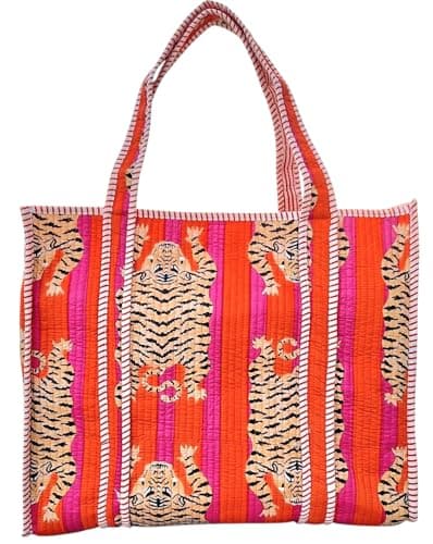 Handmade Tiger Print Quilted Cotton Tote Bag for Women, Boho Shoulder Bag, Large Reusable Shopping Tote, Lightweight Travel Beach Everyday Bag (DN 10)
