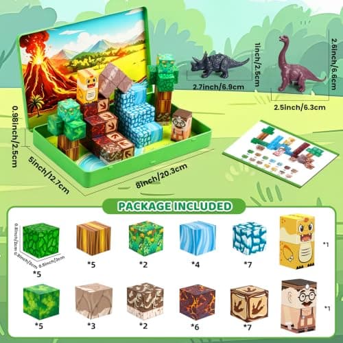 DQMOON Magnetic Building Blocks for Kids, 52PCS Dinosaur Toys for Boys Girls Ages 3-8, Travel Magnet Cube Set with Metal Storage Box, Montessori STEM Learning Toys Birthday Gifts Xmas Stocking Fillers — view 5