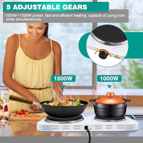 Electric Hot Plate 2 Ring Hobs with Cast Iron Heating Plates and Variable Heat Settings Control 1000W & 1500W Hobs, Overheat Protection Ideal for Cooking for Home/Travel/Camping and Caravans White — view 3
