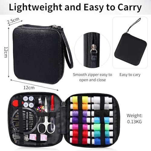 Sewing Kit, Travel Basic Sewing Set with Leather Case 14 Threads and Needles kit Accessories for Adults, DIY,Home, Travel & Emergency Compact Small Black — view 2