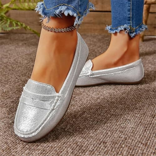 Leather Penny Loafers for Women Slip‑On Flats Pumps Moccasin (Silver 4 UK) — view 3