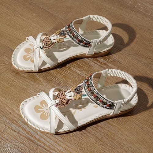Flat Sandals Women's Summer Sandals Women's Elegant Roman Sandals Open Toe Summer Shoes Boho Vintage Women's Sandals Ethnic Women's Shoes Flat Sole Beach Sandals for Travel, Holiday, Mint Green, 4 UK — view 2