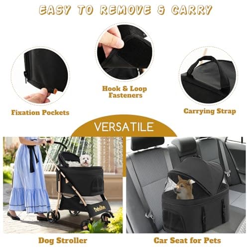 Maxmass Pet Stroller, Folding Dogs Travel Carrier with Wheels, Brake, 4-Level Adjustable Canopy & Storage Basket, Pet Travel Carriage for Small & Medium Sized Dogs Cats (Black+Gold) — view 4