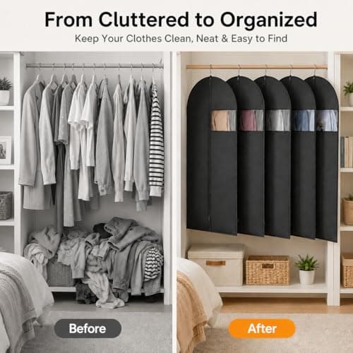 Sytinnice 6 Pack Dress Bags Covers Long 60 x 100 cm / 24 x 40 in, PEVA Hanging Garment Bags with Zipper, Waterproof Dustproof Clothes Covers for Suits, Shirts, Jackets, Short Dresses, Coats — view 6