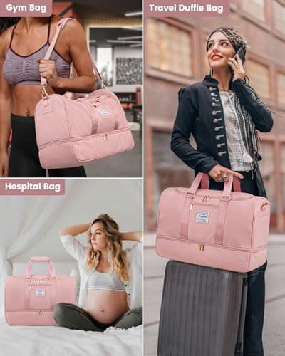 LOVEVOOK Travel Hospital Bag for Women, 50L Large Weekend Overnight Holdall Duffle With Toiletry Bag, Shoe Compartment & Wet Pocket, Waterproof Gym Yoga for Sports Flight, Pink — view 6
