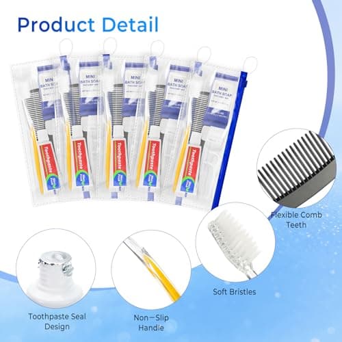 Xuezoioy 10 Sets Personal Hygiene Kit Bulk,Yellow Travel Size Basic Toiletry Supplies Disposable Toothbrushes with Toothpaste Floss Comb Soap Cover Set for Homeless,Guests,Church — view 6