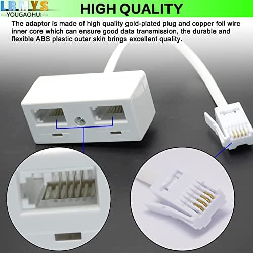 LRMYS One BT Plug to Two BT Sockets Splitter, UK Telephone RJ11 Male Plug to Double Female Socket Extender, for UK Landline Telephone FAX Modem Cable Adapter and Converter, White 1 Pack — view 3