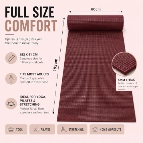 Lions Travel Yoga Mat - Premium Yoga Mats for Women with Carry Strap, 181 x 61 x 0.6 cm, Lightweight Anti-Slip Eco Friendly Workout Mat, Ideal for Exercise Fitness Training Pilates Gym (Red 6mm) — view 4