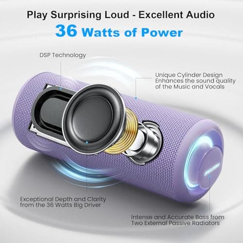 MIATONE Boompro Bluetooth Speaker 36W Portable Speakers with Stereo Sound Bass Waterproof IPX7 With USB Type C Charging Port Gifts for Woman Girl Friend (Purple) — view 2
